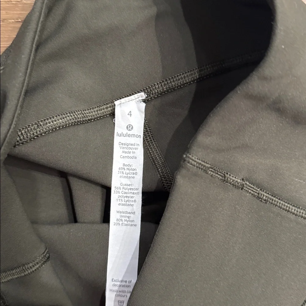 Lululemon High Rise Running Leggings Olive Green Size 4 Side Pockets Zip Back